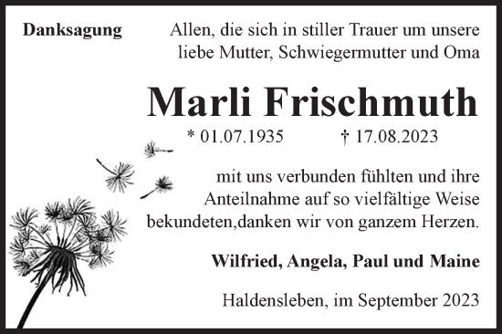 Traueranzeige von Marli Frischmuth von Volksstimme Haldensleben/Wolmirstedt