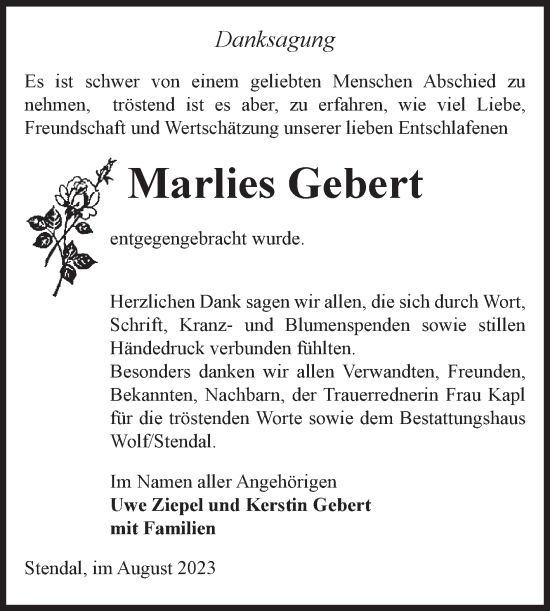 Traueranzeige von Marlies Gebert von Volksstimme Altmark Ost