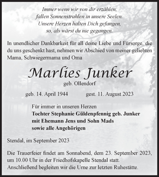 Traueranzeige von Marlies Junker von Volksstimme Altmark Ost