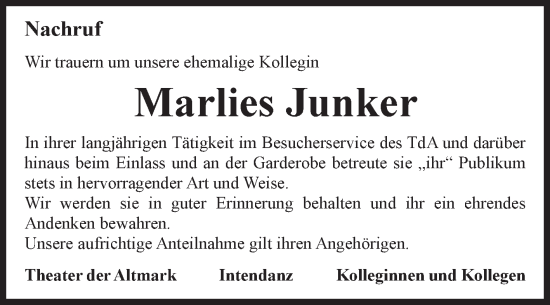 Traueranzeige von Marlies Junker 