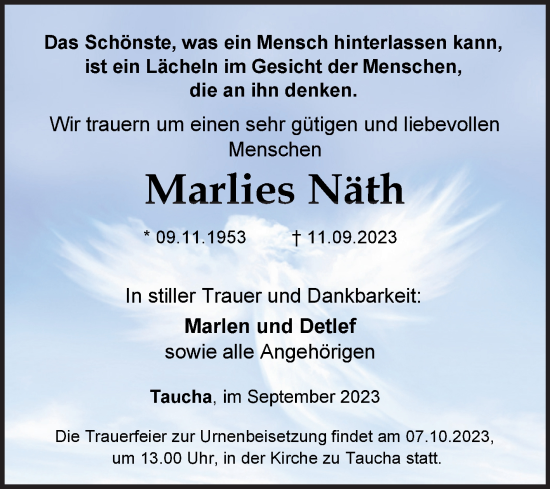 Traueranzeige von Marlies Näth von Trauerkombi Weißenfels