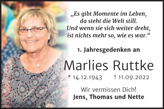 Traueranzeige von Marlies Ruttke von Trauerkombi Dessau