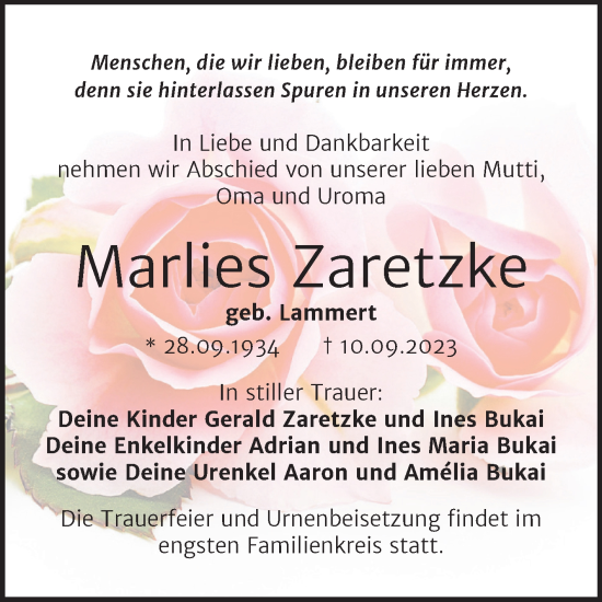 Traueranzeige von Marlies Zaretzke von Trauerkombi Wittenberg