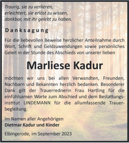 Traueranzeige von Marliese Kadur von Volksstimme Wernigerode