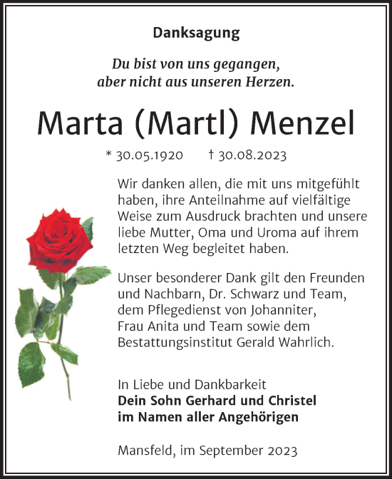 Traueranzeige von Marta  Menzel von Trauerkombi Mansfelder Land