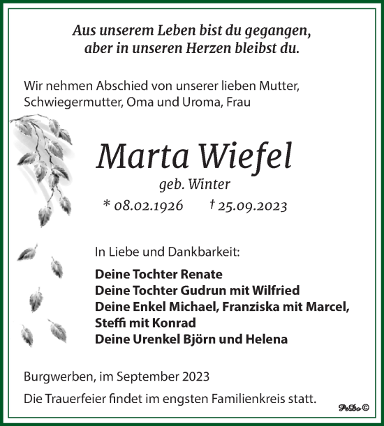 Traueranzeige von Marta Wiefel von Trauerkombi Weißenfels