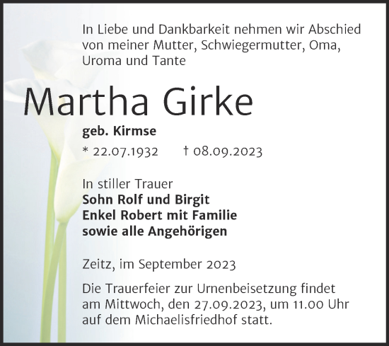 Traueranzeige von Martha Girke von Trauerkombi Zeitz