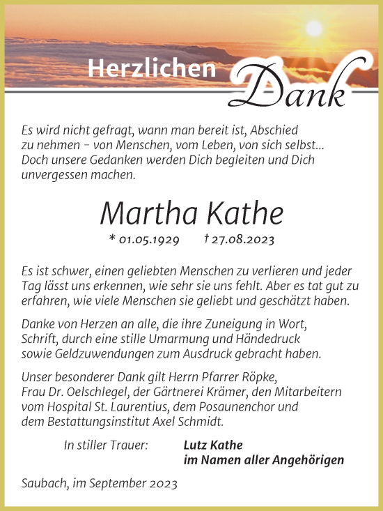 Traueranzeige von Martha Kathe von Wochenspiegel Naumburg/Nebra
