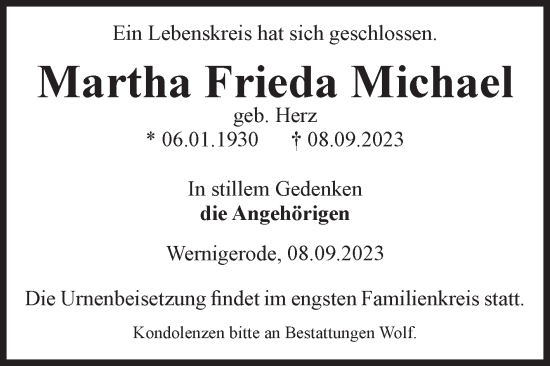 Traueranzeige von Martha Frieda Michael von Volksstimme Wernigerode