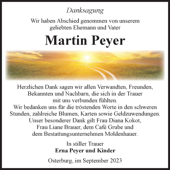 Traueranzeige von Martin Peyer von Volksstimme Altmark Ost