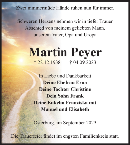 Traueranzeige von Martin Peyer von Volksstimme Altmark Ost