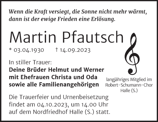 Traueranzeige von Martin Pfautsch von Mitteldeutsche Zeitung Halle/Saalkreis