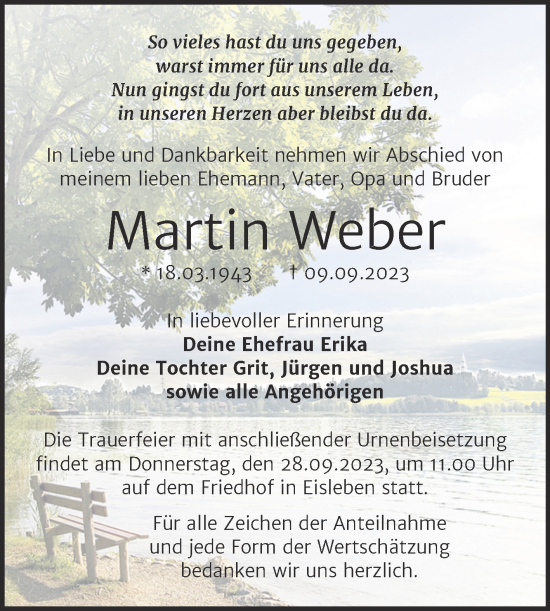 Traueranzeige von Martin Weber von Trauerkombi Mansfelder Land