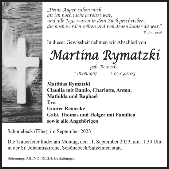 Traueranzeige von Martina Rymatzki von Volksstimme Schönebeck