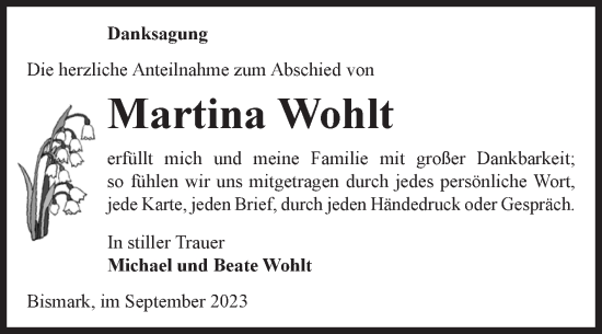 Traueranzeige von Martina Wohlt von Volksstimme Altmark Ost