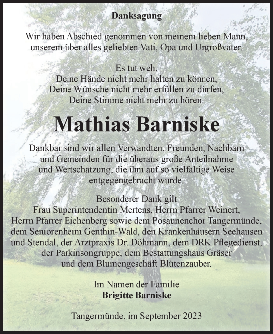 Traueranzeige von Mathias Barniske von Volksstimme Altmark Ost