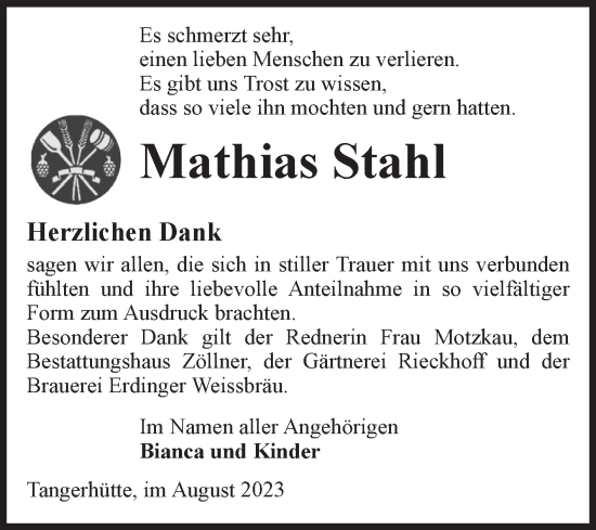 Traueranzeige von Mathias Stahl von Volksstimme Altmark Ost