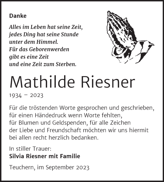 Traueranzeige von Mathilde Riesner von Trauerkombi Weißenfels