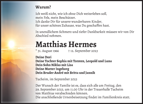 Traueranzeige von Matthias Hermes von Volksstimme Burg/Genthin