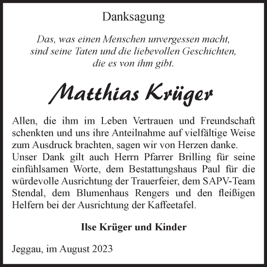Traueranzeige von Matthias Krüger von Volksstimme Altmark West