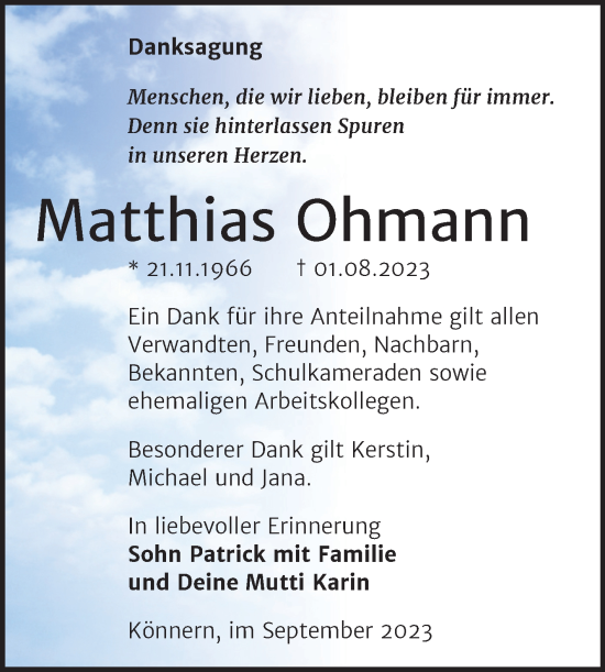 Traueranzeige von Matthias Ohmann von Trauerkombi Bernburg
