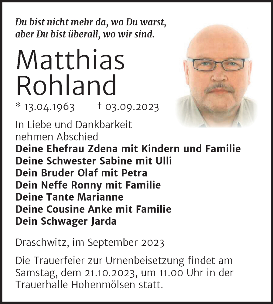  Traueranzeige für Matthias Rohland vom 16.09.2023 aus Trauerkombi Weißenfels