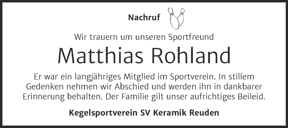  Traueranzeige für Matthias Rohland vom 23.09.2023 aus Trauerkombi Zeitz