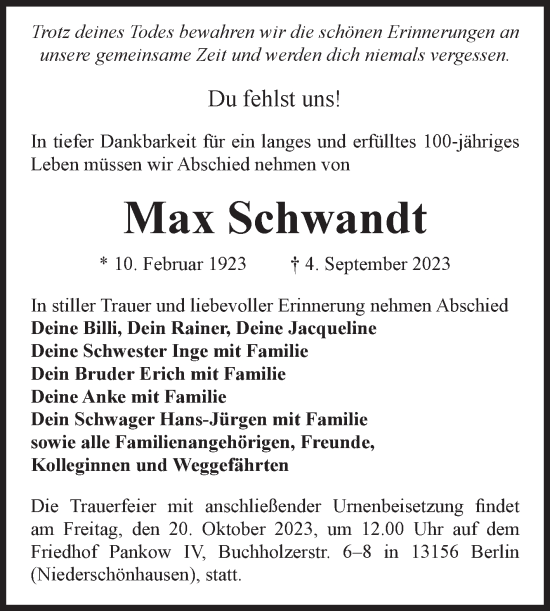 Traueranzeige von Max Schwandt von Volksstimme Magdeburg