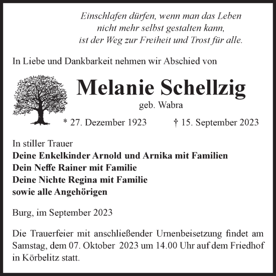Traueranzeige von Melanie Schellzig von Volksstimme Burg/Genthin