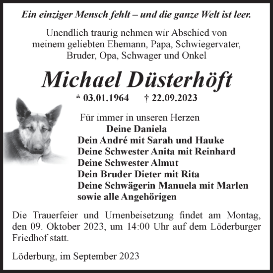 Traueranzeige von Michael Düsterhöft von Volksstimme Staßfurt