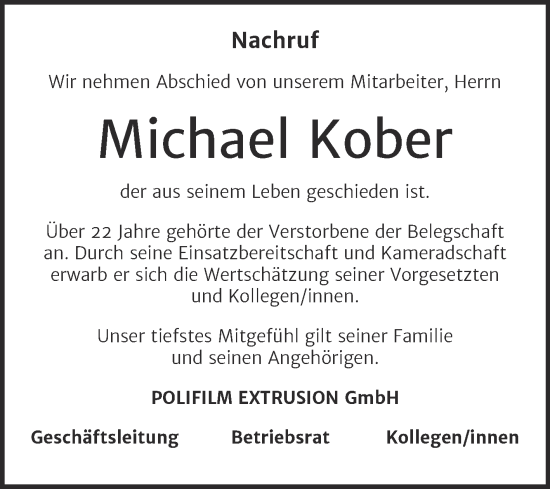 Traueranzeige von Michael Kober von Mitteldeutsche Zeitung Köthen
