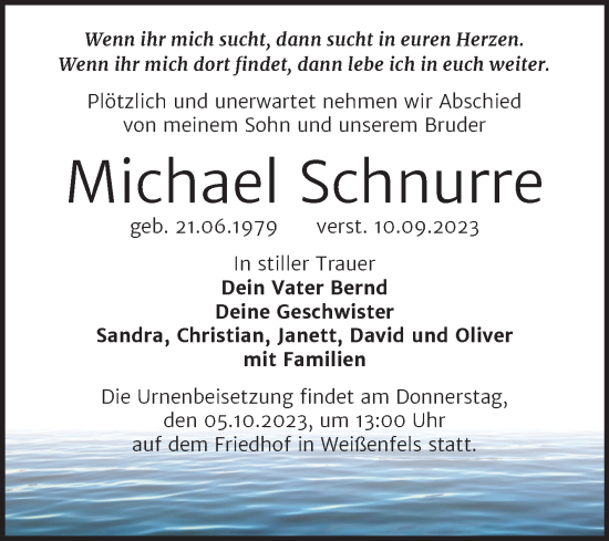 Traueranzeige von Michael Schnurre von Trauerkombi Weißenfels