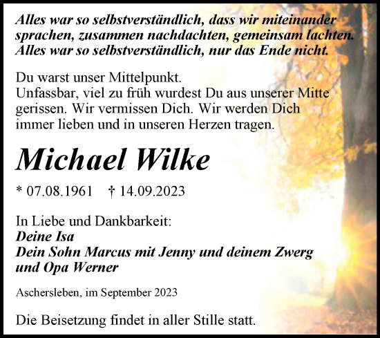 Traueranzeige von Michael Wilke von Trauerkombi Aschersleben