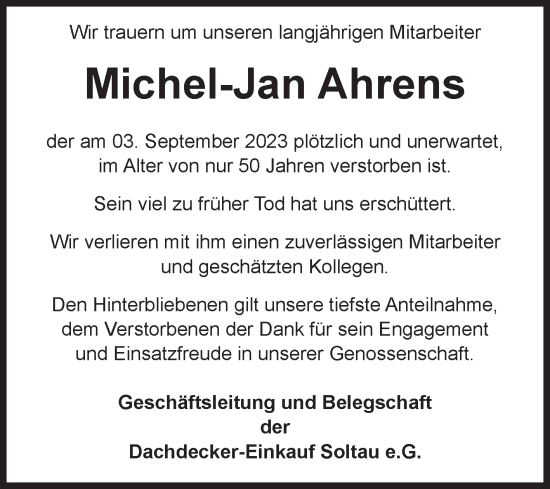 Traueranzeige von Michel-Jan Ahrens von Volksstimme Altmark Ost