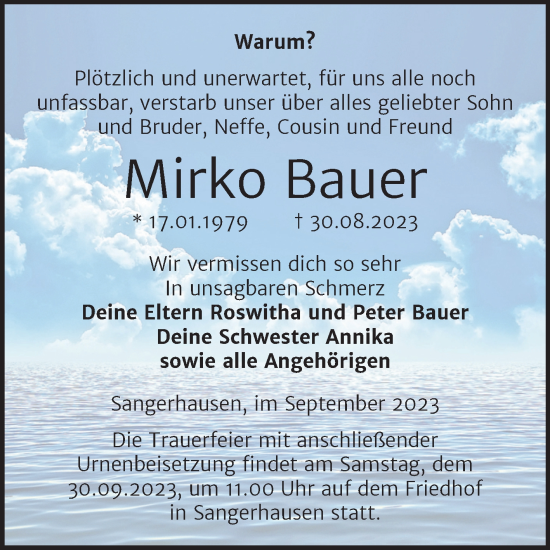 Traueranzeige von Mirko Bauer von Trauerkombi Sangerhausen
