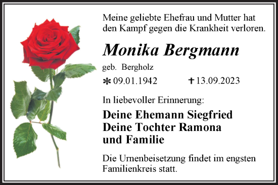 Traueranzeige von Monika Bergmann von Trauerkombi Wittenberg