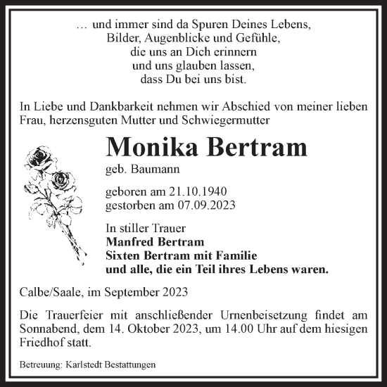 Traueranzeige von Monika Bertram von Volksstimme Schönebeck