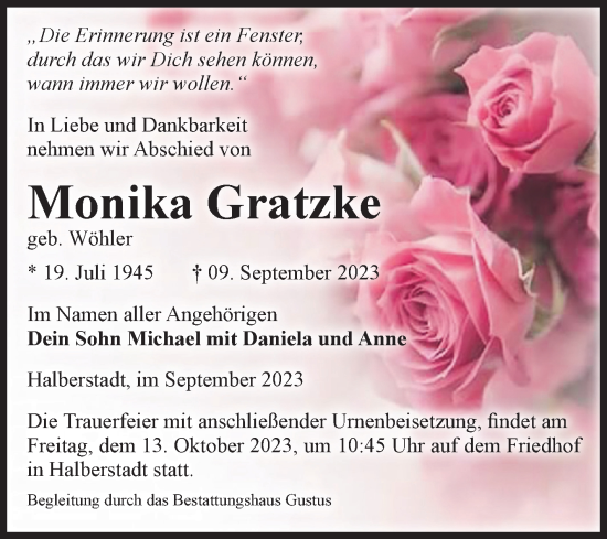 Traueranzeige von Monika Gratzke von Volksstimme Halberstadt