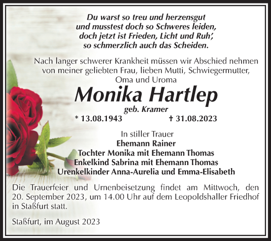 Traueranzeige von Monika Hartlep von Volksstimme Staßfurt
