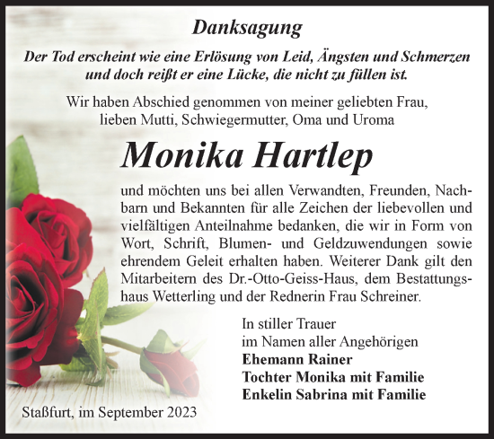 Traueranzeige von Monika Hartlep von Volksstimme Staßfurt
