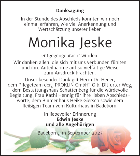 Traueranzeige von Monika Jeske von Trauerkombi Quedlinburg