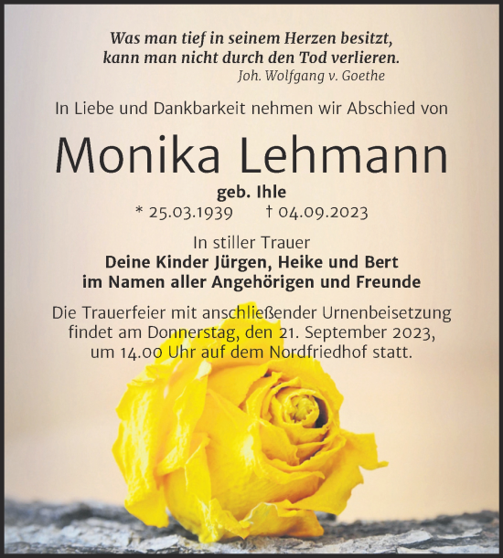 Traueranzeige von Monika Lehmann von Mitteldeutsche Zeitung Halle/Saalkreis