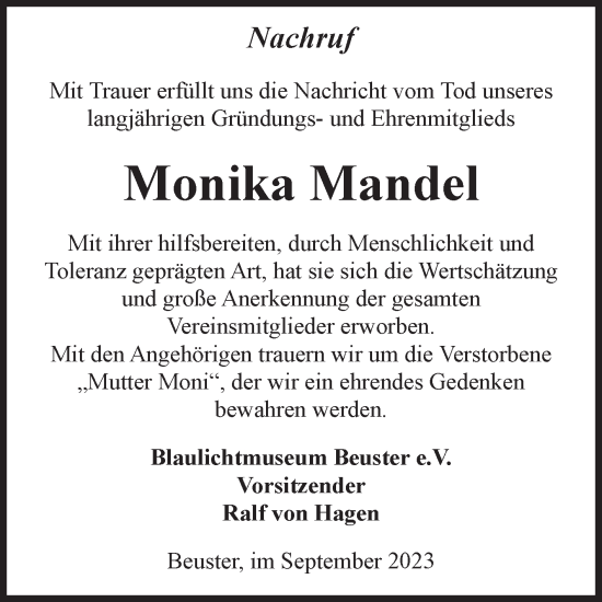 Traueranzeige von Monika Mandel von Volksstimme Altmark Ost