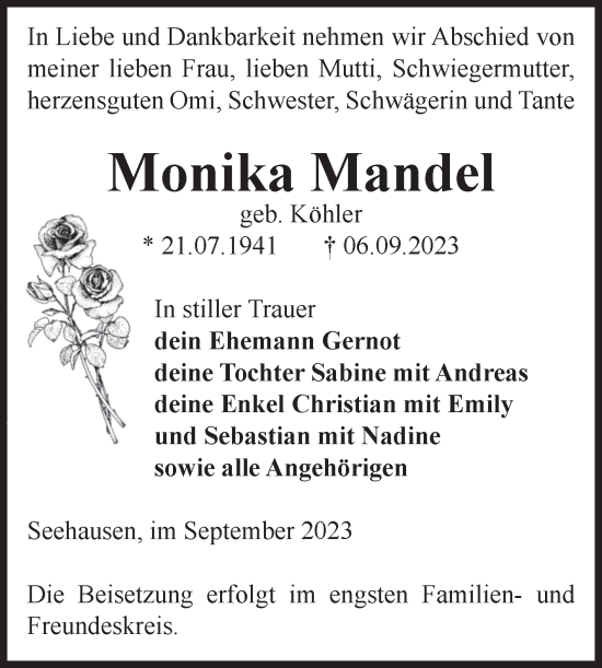 Traueranzeige von Monika Mandel von Volksstimme Altmark Ost