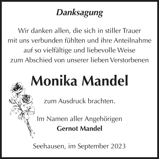 Traueranzeige von Monika Mandel von Volksstimme Altmark Ost