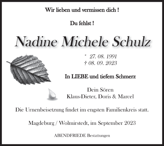 Traueranzeige von Nadine Michele Schulz von Volksstimme Haldensleben/Wolmirstedt