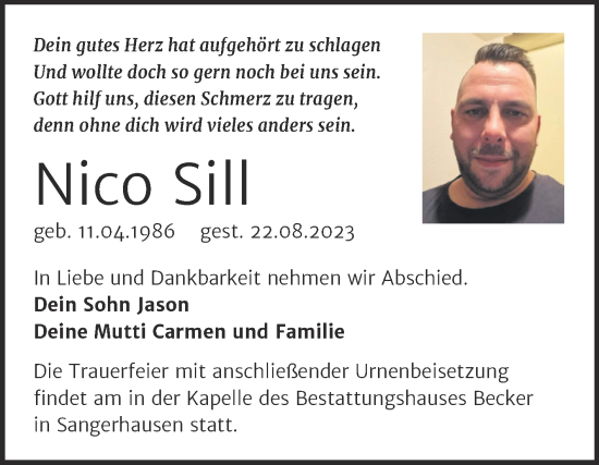 Traueranzeige von Nico Sill von Trauerkombi Sangerhausen