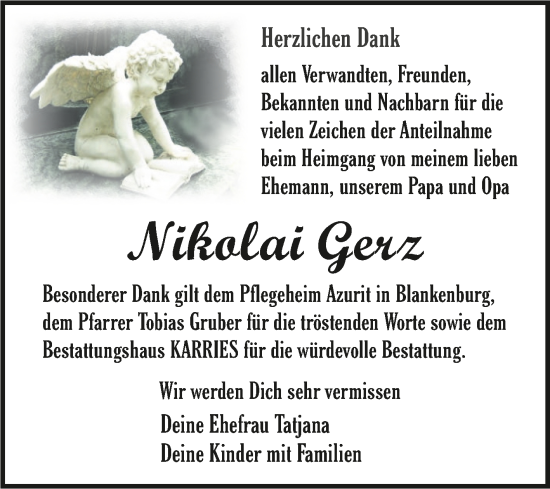 Traueranzeige von Nikolai Gerz von Trauerkombi Quedlinburg