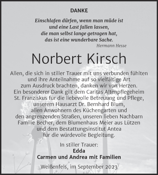 Traueranzeige von Norbert Kirsch von Trauerkombi Weißenfels