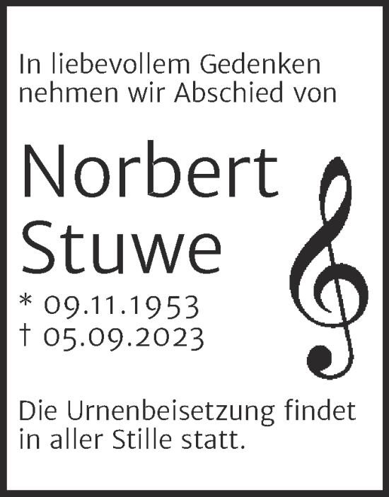 Traueranzeige von Norbert Stuwe von Trauerkombi Bernburg
